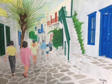 Картина под названием "Street of Mykonos" - Pepe Villan, Подлинное произведение искусства, Акварель