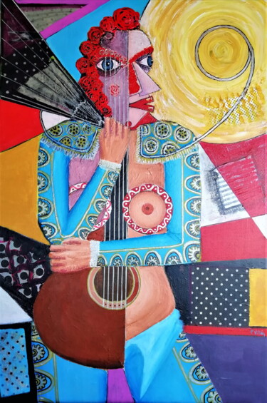 Painting titled "Torero woman, guita…" by Pepe Villan, Original Artwork, Acrylic Mounted on Wood Stretcher frame