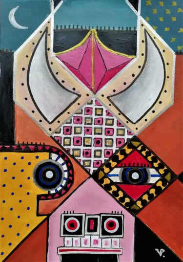 Schilderij getiteld "Cubist portrait of…" door Pepe Villan, Origineel Kunstwerk, Acryl