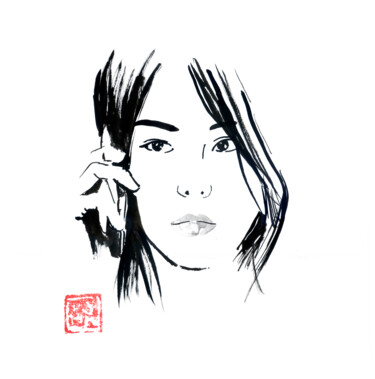 chinese woman phoning Drawing titled "chinese woman phoni…" by Péchane, Original Art, Watercolor