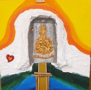 Peinture intitulée ""Der Watt Buddhas"" par Per Tor Heften Bis 1.8.24 In Thailand, Œuvre d'art originale, Plâtre Monté sur C…