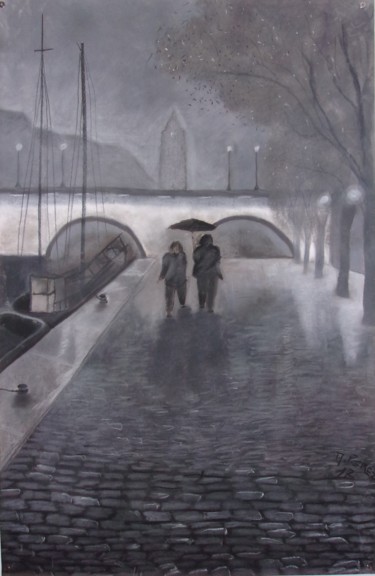 Dessin intitulée "Quai de Seine sous…" par Anthony Perez, Œuvre d'art originale, Pastel