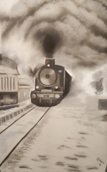 Рисунок под названием "Un train avec la lo…" - Anthony Perez, Подлинное произведение искусства, Пастель