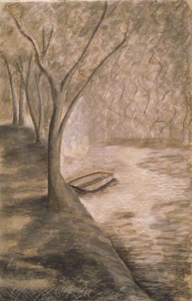 Drawing titled "Barques - Esvres su…" by Anthony Perez, Original Artwork, Pastel