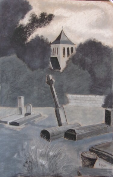 Drawing titled "Cimetière de Russé" by Anthony Perez, Original Artwork, Pastel