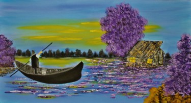 Pittura intitolato "Fisherman on the la…" da Artstage, Opera d'arte originale, Olio