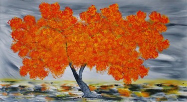 Painting titled "Orange yellow tree." by Artstage, Original Artwork, Acrylic
