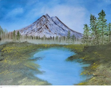 Painting titled "Mountain Lake" by Kangana W, Original Artwork, Oil Mounted on Other rigid panel