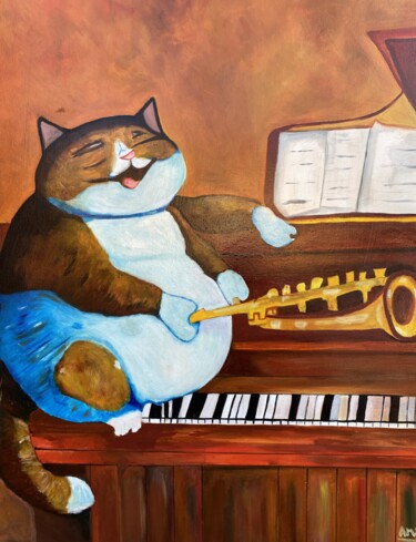 Painting titled "Cat on Piano" by Perfectstrokes, Original Artwork, Oil