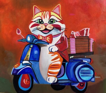 Painting titled "Cat Delivery on Ves…" by Perfectstrokes, Original Artwork, Oil