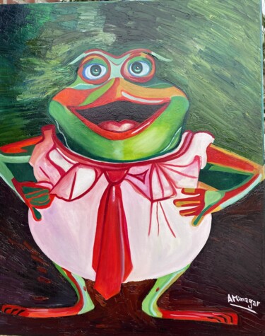 Schilderij getiteld "The Dancing Frog" door Perfectstrokes, Origineel Kunstwerk, Olie