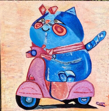 Pintura intitulada "Cat on Vespa" por Perfectstrokes, Obras de arte originais, Óleo