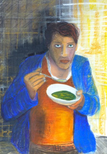 Peinture intitulée "la soupe" par Christian Battini, Œuvre d'art originale, Pastel Monté sur Châssis en bois
