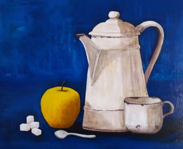 Painting titled "Cafetière sur fond…" by Christian Battini, Original Artwork, Oil