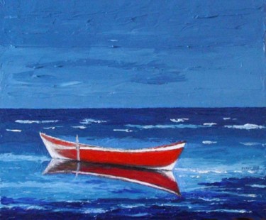 Painting titled "Le bateau rouge" by René Perny, Original Artwork, Oil