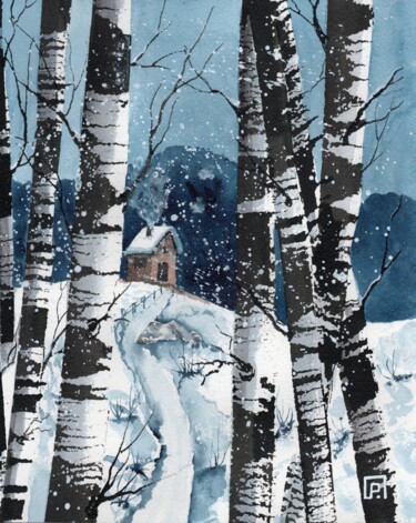 Painting titled "Bouleaux d'hiver" by Perrine Plachez, Original Artwork, Watercolor