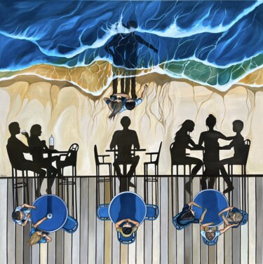 Schilderij getiteld "Le café de la plage" door Perrine Vilmot, Origineel Kunstwerk, Olie Gemonteerd op Frame voor houten bra…
