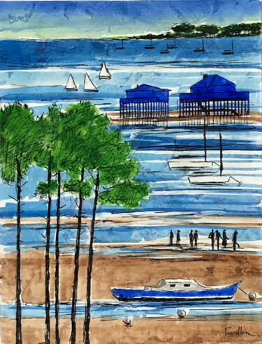 Painting titled "arcachon" by Françoise Persillon, Original Artwork, Ink Mounted on Cardboard