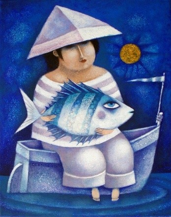 Картина под названием "PESCADOR + LA LUNA…" - Pescador, Подлинное произведение искусства