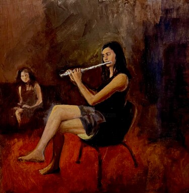 Malarstwo zatytułowany „Girl With Flute” autorstwa Peter Babakitis, Oryginalna praca, Olej