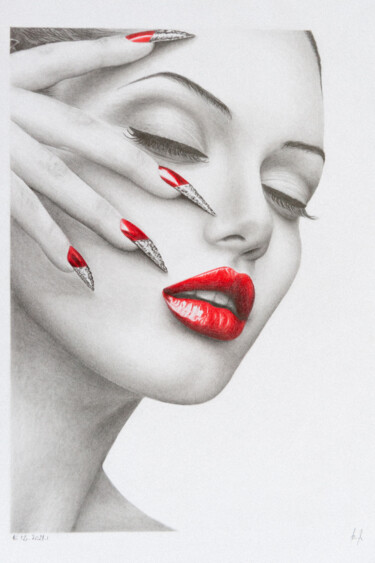 Tekening getiteld "Red Lips" door Peter Bahurinský, Origineel Kunstwerk, Potlood