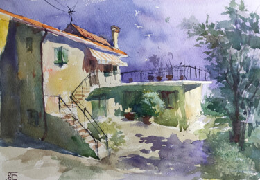 Painting titled "Italian courtyard" by Peter Bespalenok, Original Artwork, Watercolor