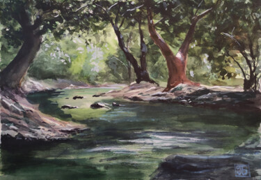 Painting titled "Forest stream" by Peter Bespalenok, Original Artwork, Watercolor