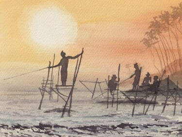 Peinture intitulée "Fishing at dusk" par Peter Blake, Œuvre d'art originale, Aquarelle