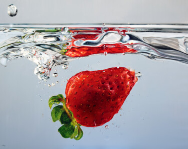 Painting titled "Strawberry in water" by Peter Duhaj, Original Artwork, Oil