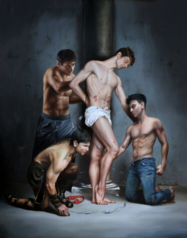 Malerei mit dem Titel "La flagellazione di…" von Peter Duhaj, Original-Kunstwerk, Öl