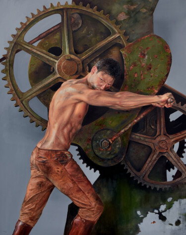 Painting titled "Hard work" by Peter Duhaj, Original Artwork, Oil Mounted on Wood Stretcher frame