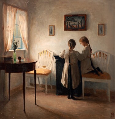 Peinture intitulée "Intérieur avec deux…" par Peter Ilsted, Œuvre d'art originale, Huile