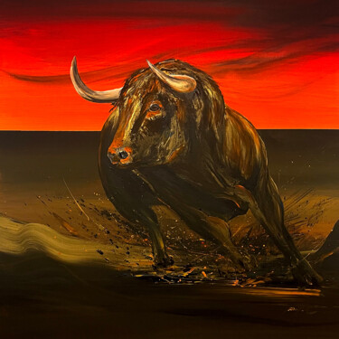 Painting titled "Golden bull" by Peter Majkut, Original Artwork, Acrylic