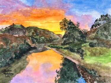 Картина под названием "Marin County Lake" - Peter Malmberg, Подлинное произведение искусства, Акварель