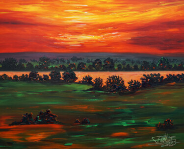 Painting titled "Lake: Evening Sunse…" by Peter Nottrott, Original Artwork, Acrylic