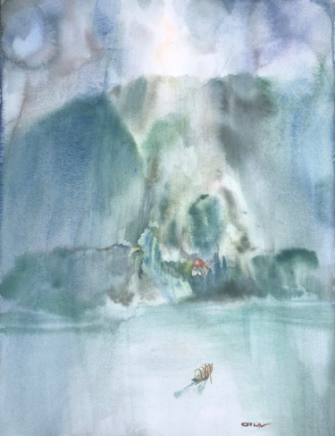 Painting titled "Fog on the lake" by Peter Otlan, Original Artwork, Watercolor