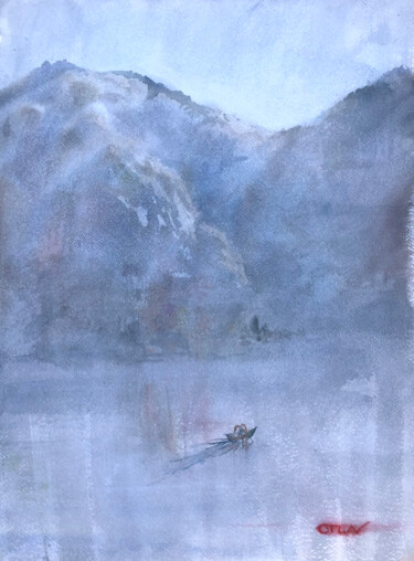 Painting titled "Fog on the lake #2" by Peter Otlan, Original Artwork, Watercolor