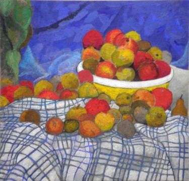 Painting titled "Fruits on blue chec…" by Peter Pinsel, Original Artwork, Other