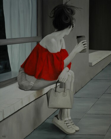 Painting titled "Red Blouse waiting…" by Peter Seminck, Original Artwork, Oil