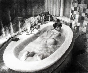 Dessin intitulée "Le bain - Bathtime" par Peter Soyman, Œuvre d'art originale, Crayon
