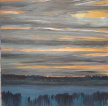 Schilderij getiteld "Sunset-over-Reuss-B…" door Peter Stutz, Origineel Kunstwerk, Olie