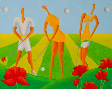 Pintura titulada "GOLF - Golf Lesson…" por Peter Vamosi, Obra de arte original, Acrílico Montado en Bastidor de camilla de m…