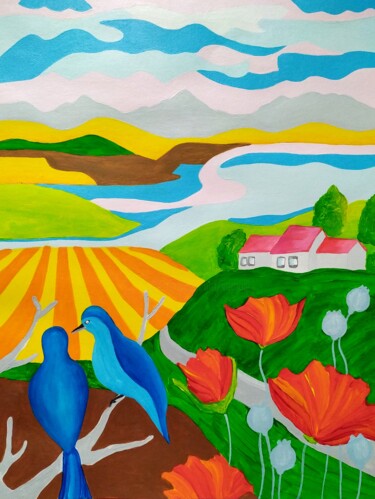 Painting titled "Spring country with…" by Peter Vamosi, Original Artwork, Acrylic
