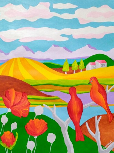 Painting titled "Spring country with…" by Peter Vamosi, Original Artwork, Acrylic