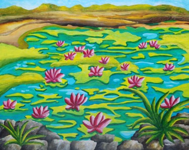 Painting titled "Pond with water lil…" by Peter Vamosi, Original Artwork, Acrylic