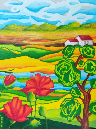 Pintura intitulada "Spring country land…" por Peter Vamosi, Obras de arte originais, Acrílico