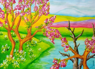 Painting titled "Blossoming cherry t…" by Peter Vamosi, Original Artwork, Acrylic