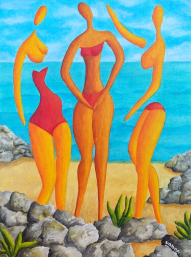 Painting titled "Bathing girlfriends" by Peter Vamosi, Original Artwork, Acrylic Mounted on Wood Stretcher frame