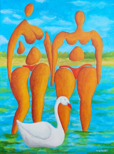 Schilderij getiteld "Bathing girlfriends…" door Peter Vamosi, Origineel Kunstwerk, Acryl Gemonteerd op Frame voor houten bra…