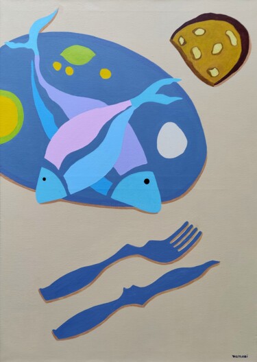 Картина под названием "Still life with fis…" - Peter Vamosi, Подлинное произведение искусства, Акрил Установлен на Деревянна…